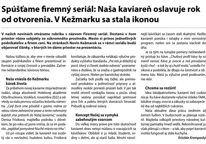 Článok z novín KEŽMAROK: Naša kaviareň oslavuje rok od otvorenia. V Kežmarku sa stala ikonou
